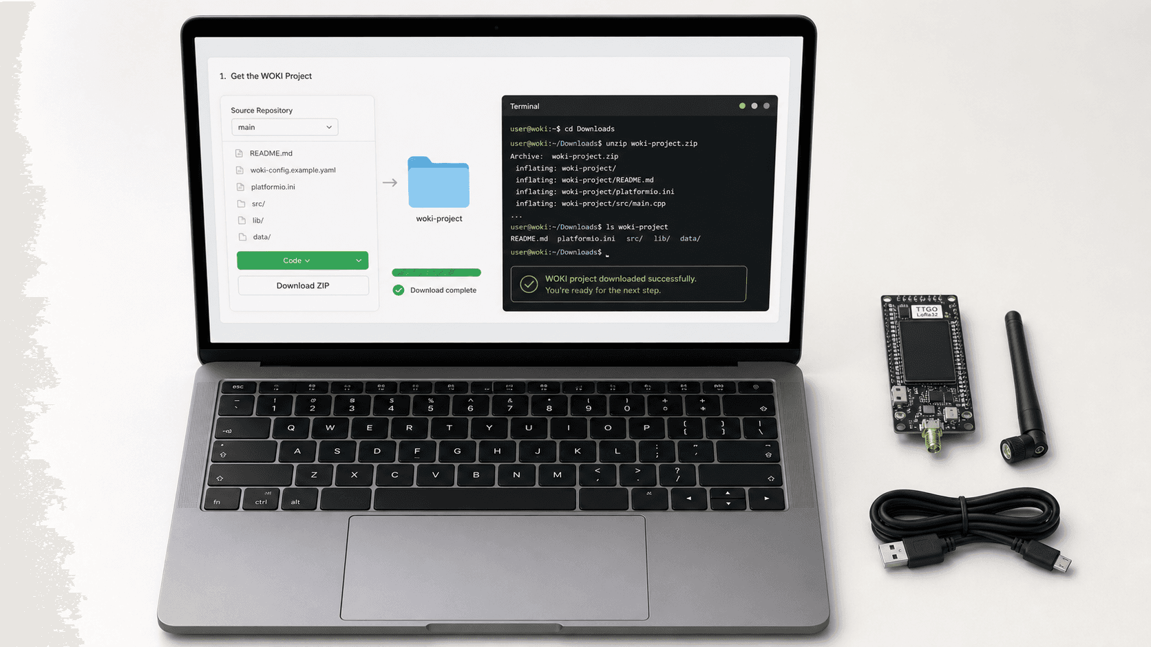 Laptop descargando el proyecto WOKI junto a una placa, antena y cable todavía separados